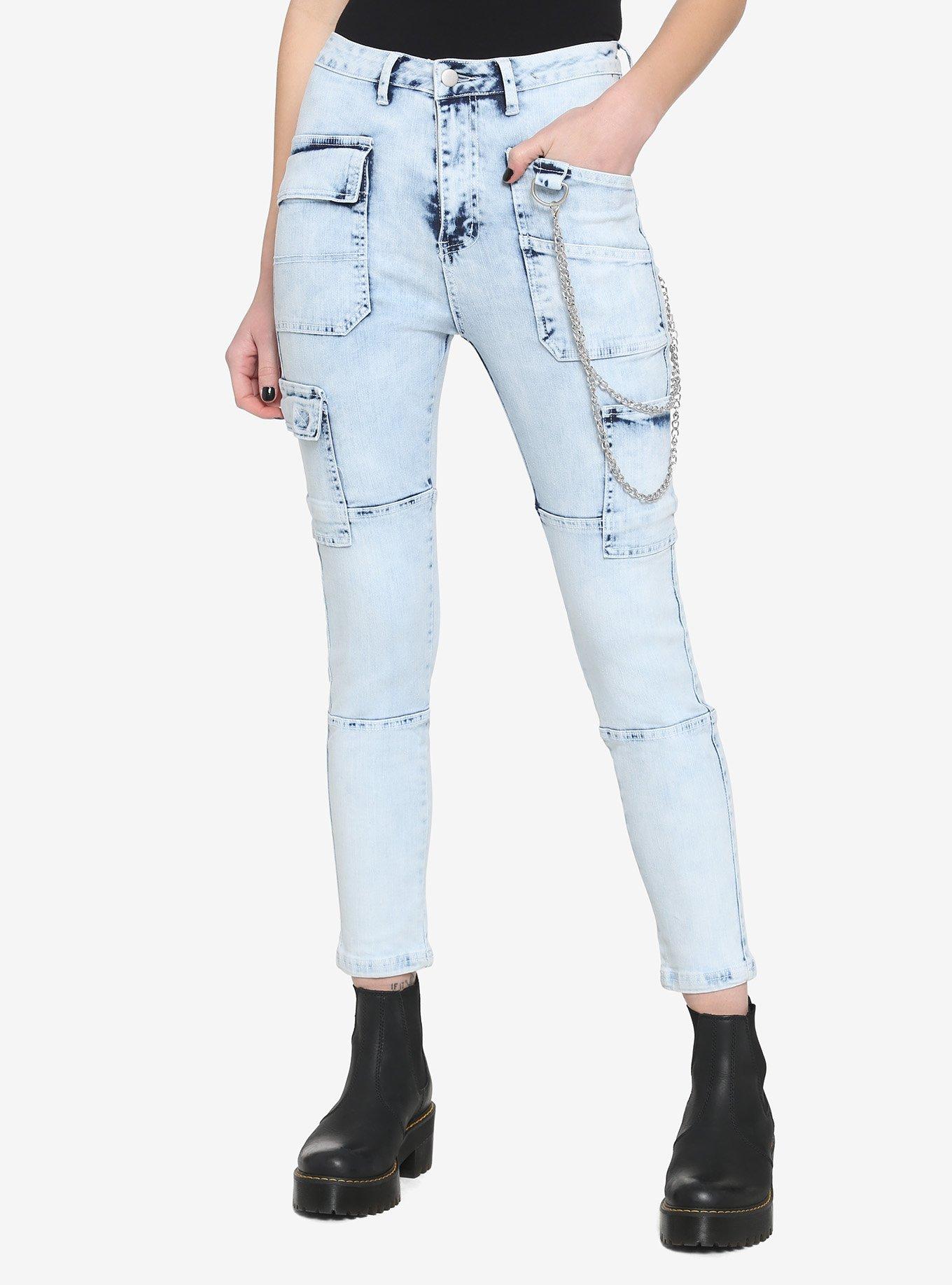 Acid Wash Cargo Skinny Jeans, INDIGO, hi-res