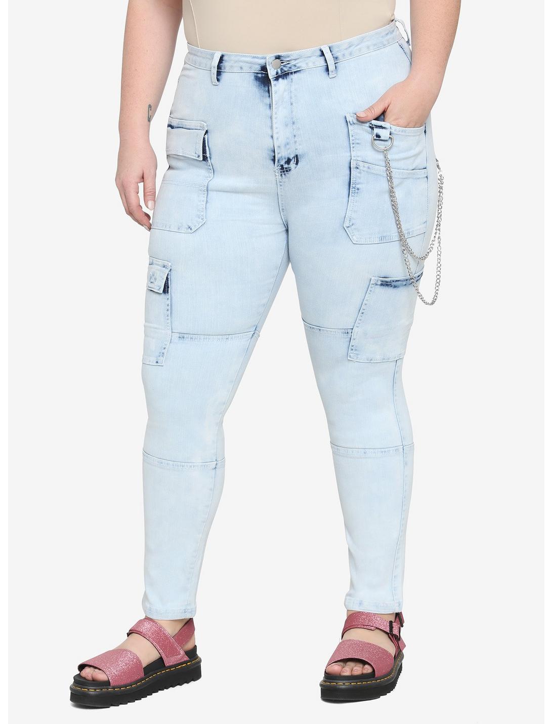 Acid Wash Cargo Skinny Jeans Plus Size, INDIGO, hi-res