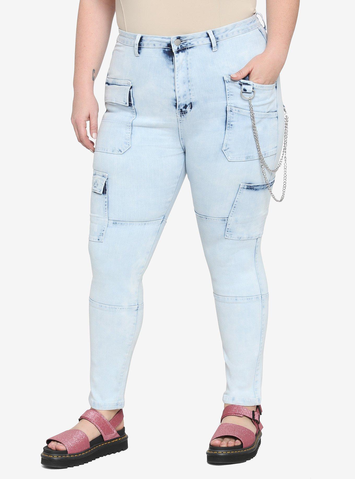 Acid Wash Cargo Skinny Jeans Plus Size, INDIGO, hi-res