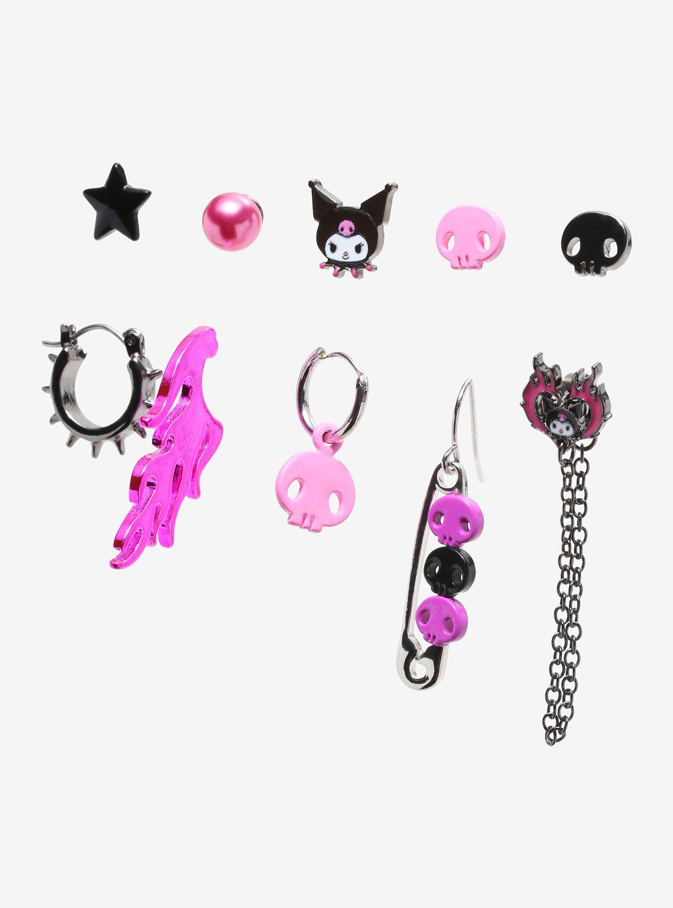 Kuromi Skull Flame Mismatch Earring Set, , hi-res