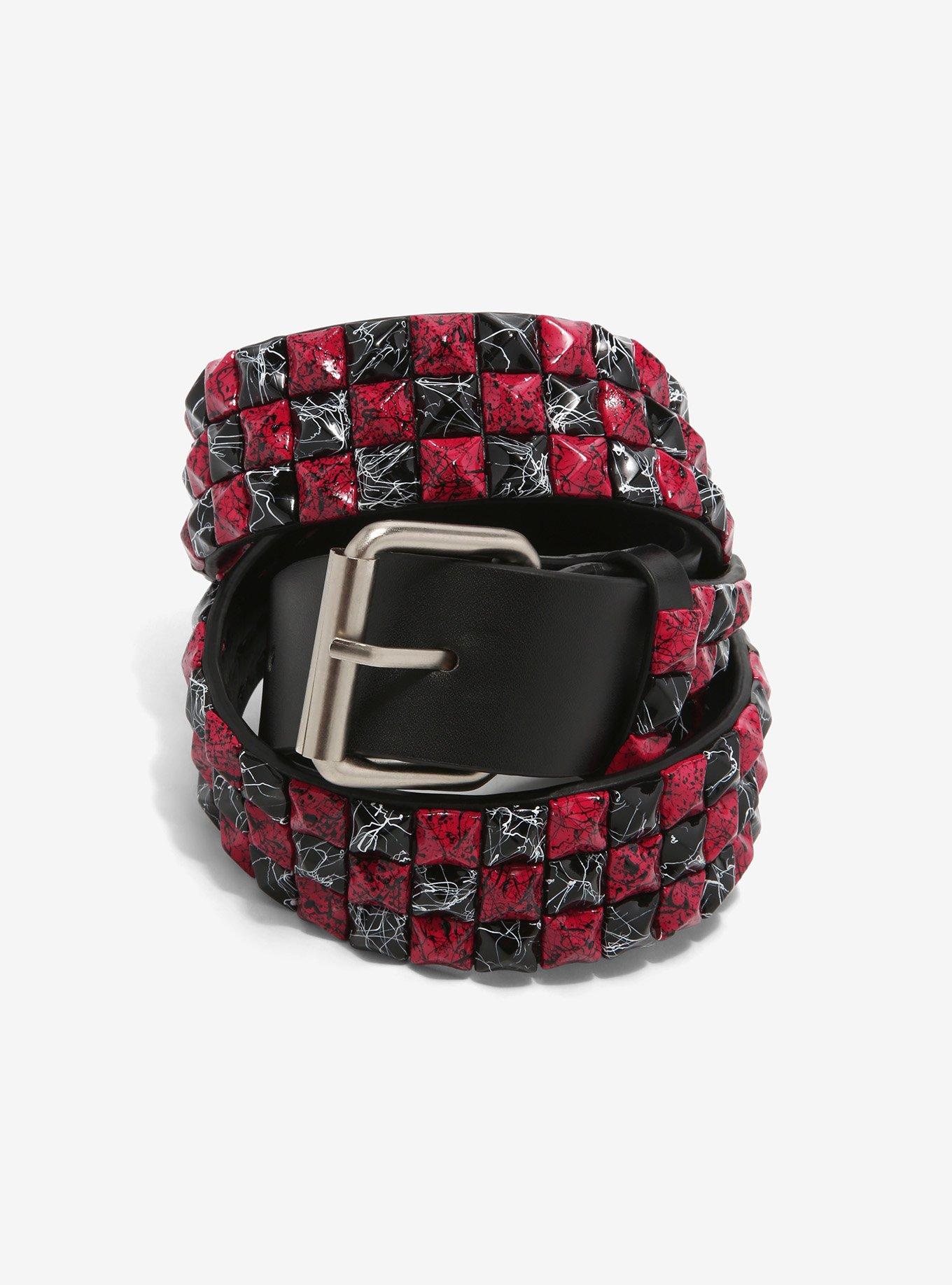 Black & Pink Splatter Three Row Pyramid Belt, PINK, hi-res