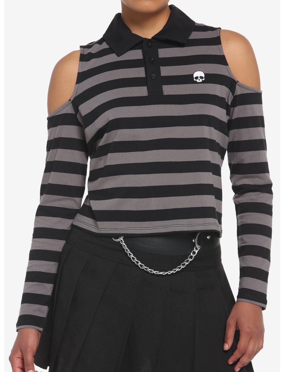 Black & Grey Stripe Cold Shoulder Girls Long-Sleeve Polo Shirt, STRIPES-GREY, hi-res