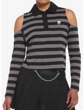 Black & Grey Stripe Cold Shoulder Girls Long-Sleeve Polo Shirt, , hi-res