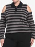Black & Grey Stripe Cold Shoulder Girls Long-Sleeve Polo Shirt Plus Size, STRIPES-GREY, hi-res