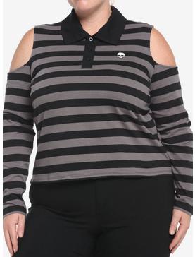 Black & Grey Stripe Cold Shoulder Girls Long-Sleeve Polo Shirt Plus Size, , hi-res