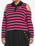 Black & Pink Stripe Cold Shoulder Girls Long-Sleeve Polo Shirt Plus Size, STRIPE-PINK, hi-res