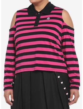 Black & Pink Stripe Cold Shoulder Girls Long-Sleeve Polo Shirt Plus Size, , hi-res