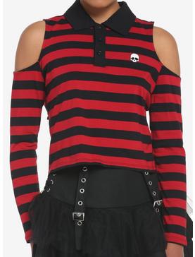 Black & Red Stripe Cold Shoulder Girls Long-Sleeve Polo Shirt, , hi-res