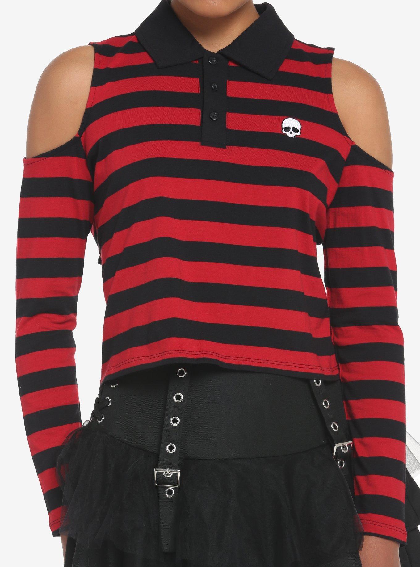Black & Red Stripe Cold Shoulder Girls Long-Sleeve Polo Shirt, STRIPES - RED, hi-res