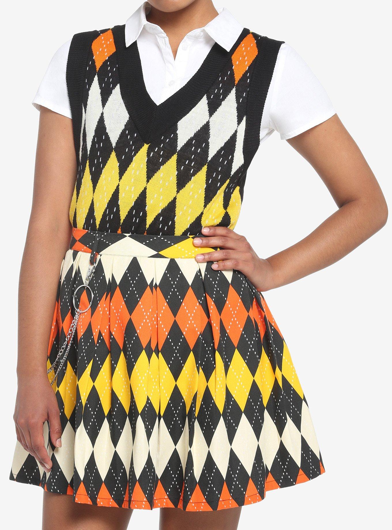 Orange Argyle Halloween Girls Crop Sweater Vest, MULTI, hi-res