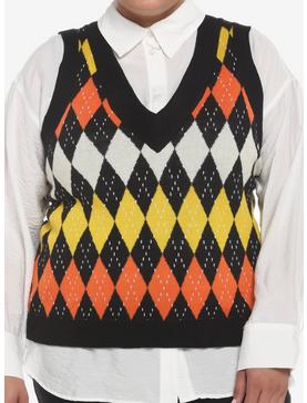 Orange Argyle Halloween Girls Crop Sweater Vest Plus Size, , hi-res