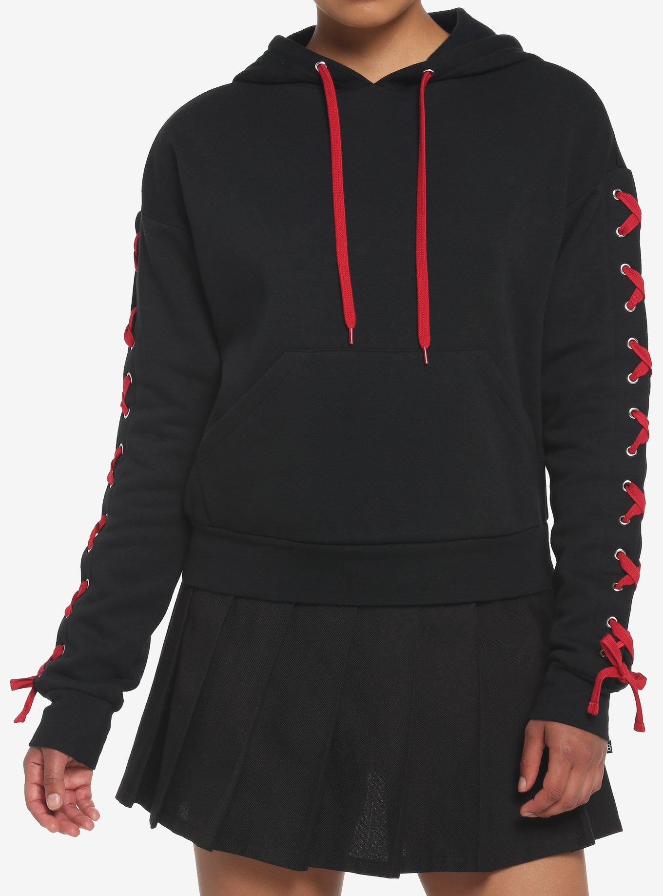 POL Gray Lace-Up Sleeve Hoodie Sweatshirt