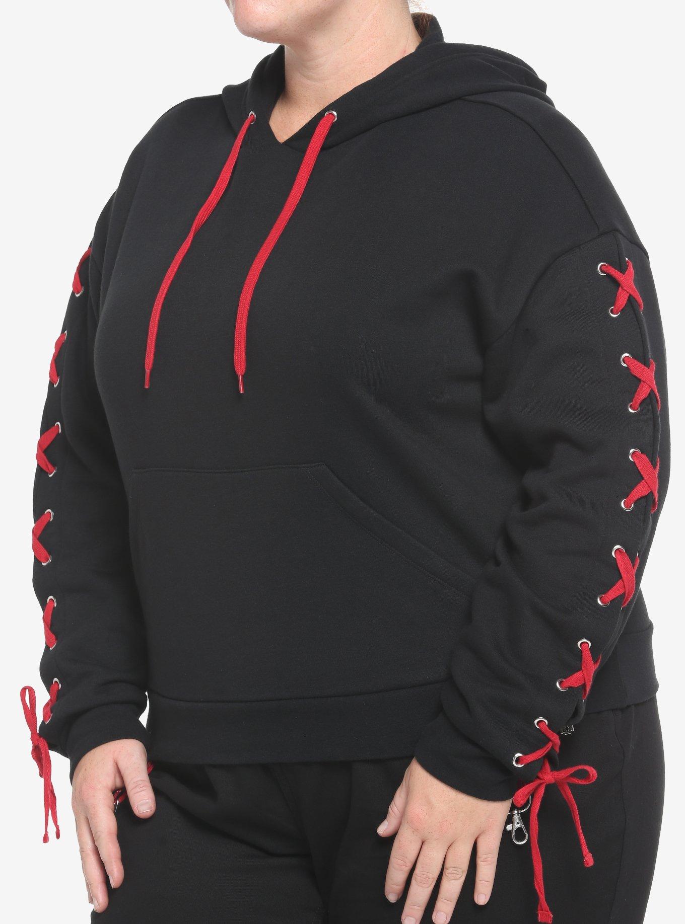 Black & Red Lace-Up Girls Hoodie Plus Size, BLACK, hi-res