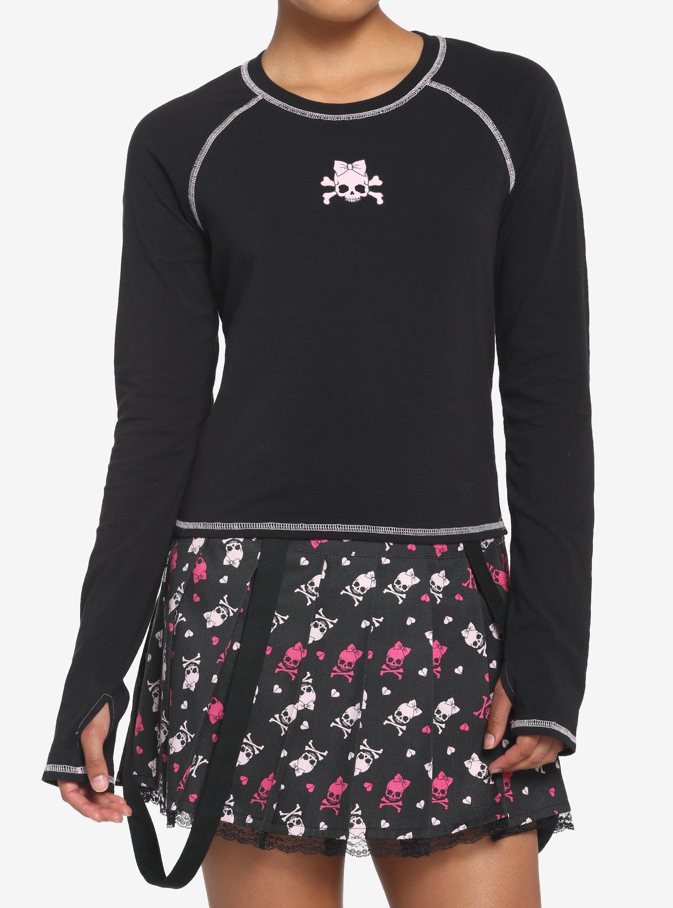 Pink Skull & Crossbones Crop Girls Long-Sleeve Raglan T-Shirt, BLACK, hi-res