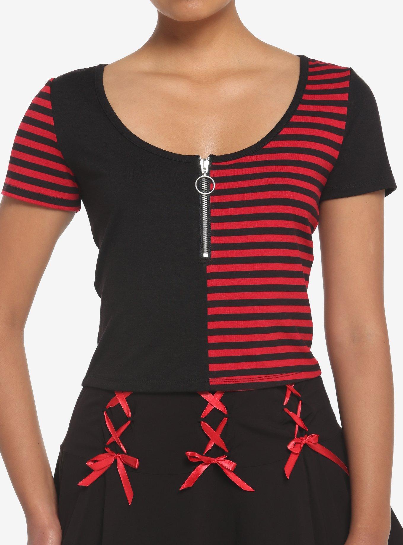 Black & Red Stripe Split Zip Girls Baby T-Shirt, STRIPES - RED, hi-res