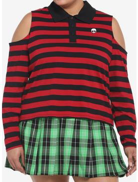 Black & Red Stripe Cold Shoulder Girls Long-Sleeve Polo Shirt Plus Size, , hi-res