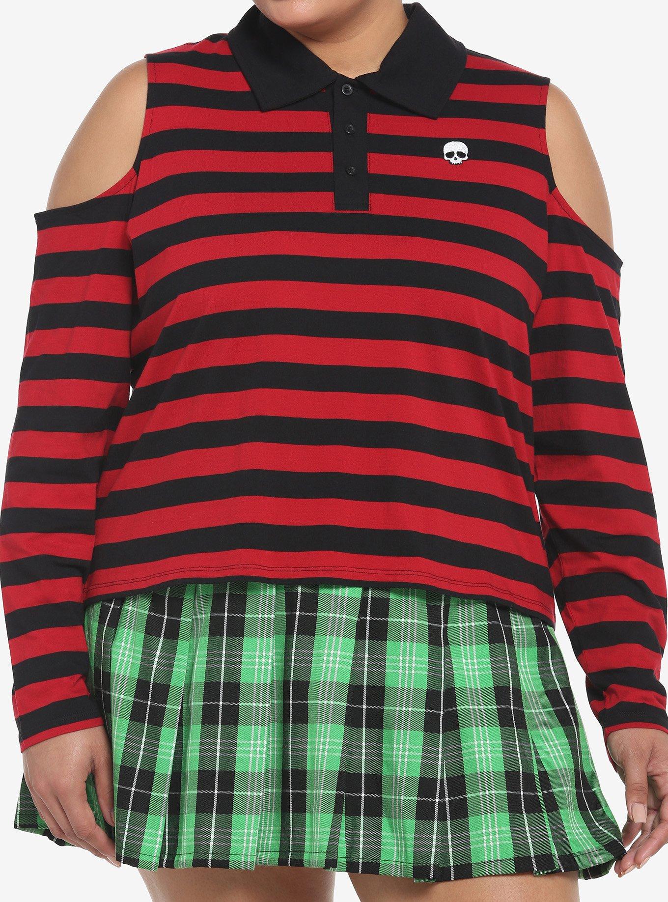 Black & Red Stripe Cold Shoulder Girls Long-Sleeve Polo Shirt Plus Size, STRIPES - RED, hi-res
