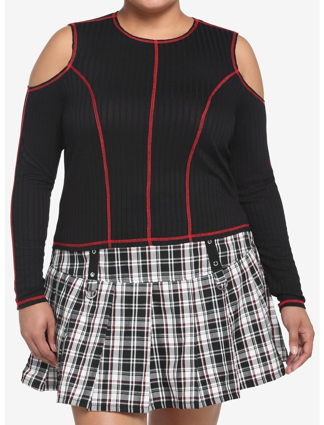 Black & Red Contrast Stitch Cold Shoulder Girls Crop Long-Sleeve Top Plus Size, BLACK, hi-res
