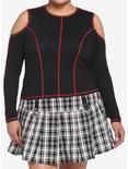 Black & Red Contrast Stitch Cold Shoulder Girls Crop Long-Sleeve Top Plus Size, BLACK, hi-res