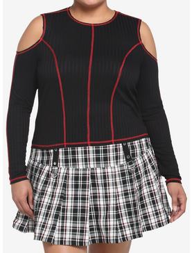 Black & Red Contrast Stitch Cold Shoulder Girls Crop Long-Sleeve Top Plus Size, , hi-res