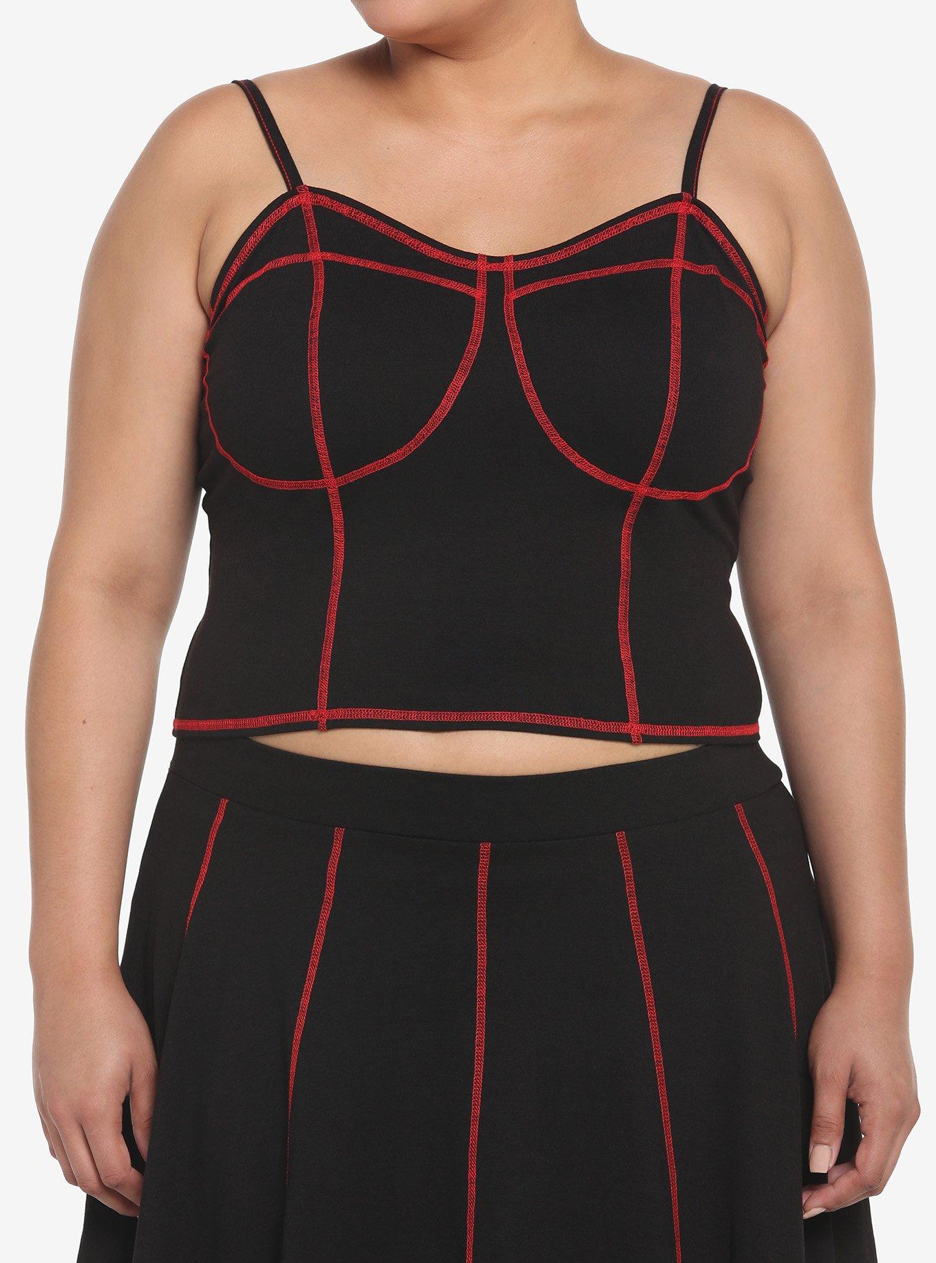 Black & Red Contrast Stitch Corset Girls Tank Top Plus Size, BLACK, hi-res