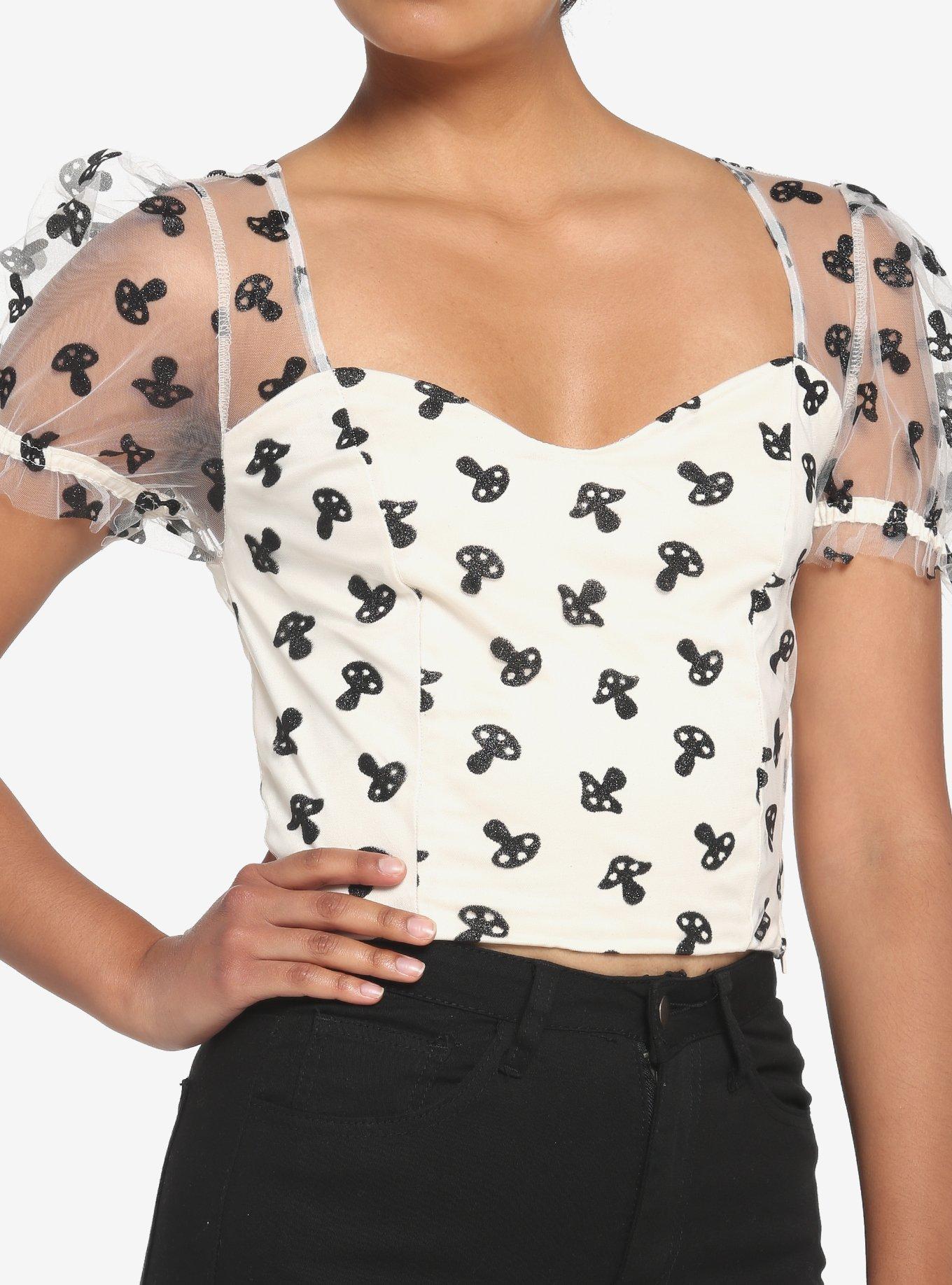 Mushroom Glitter Mesh Girls Top, IVORY, hi-res