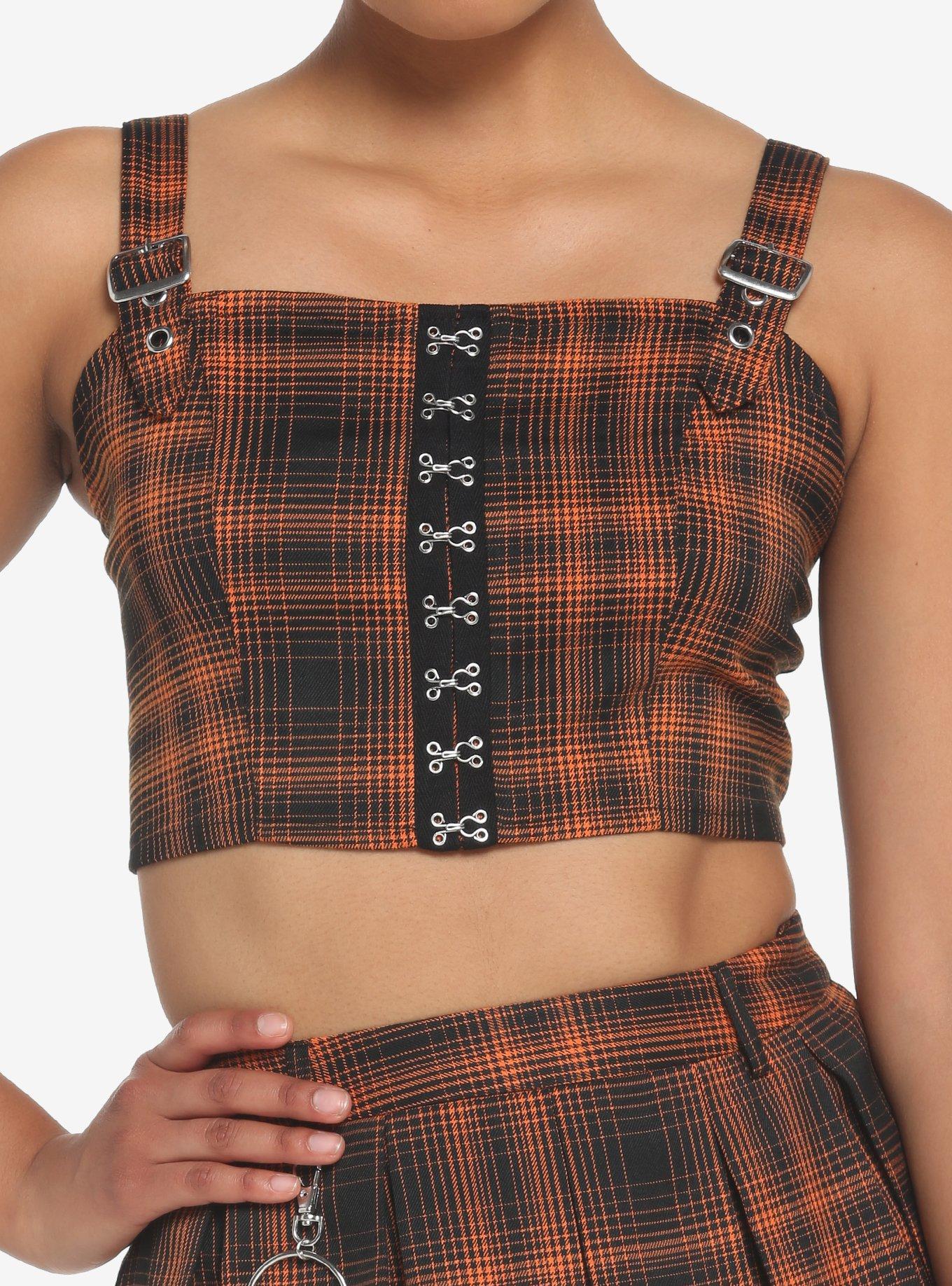 Orange Plaid Hook-And-Eye Girls Crop Tank Top, PLAID - BLACK, hi-res
