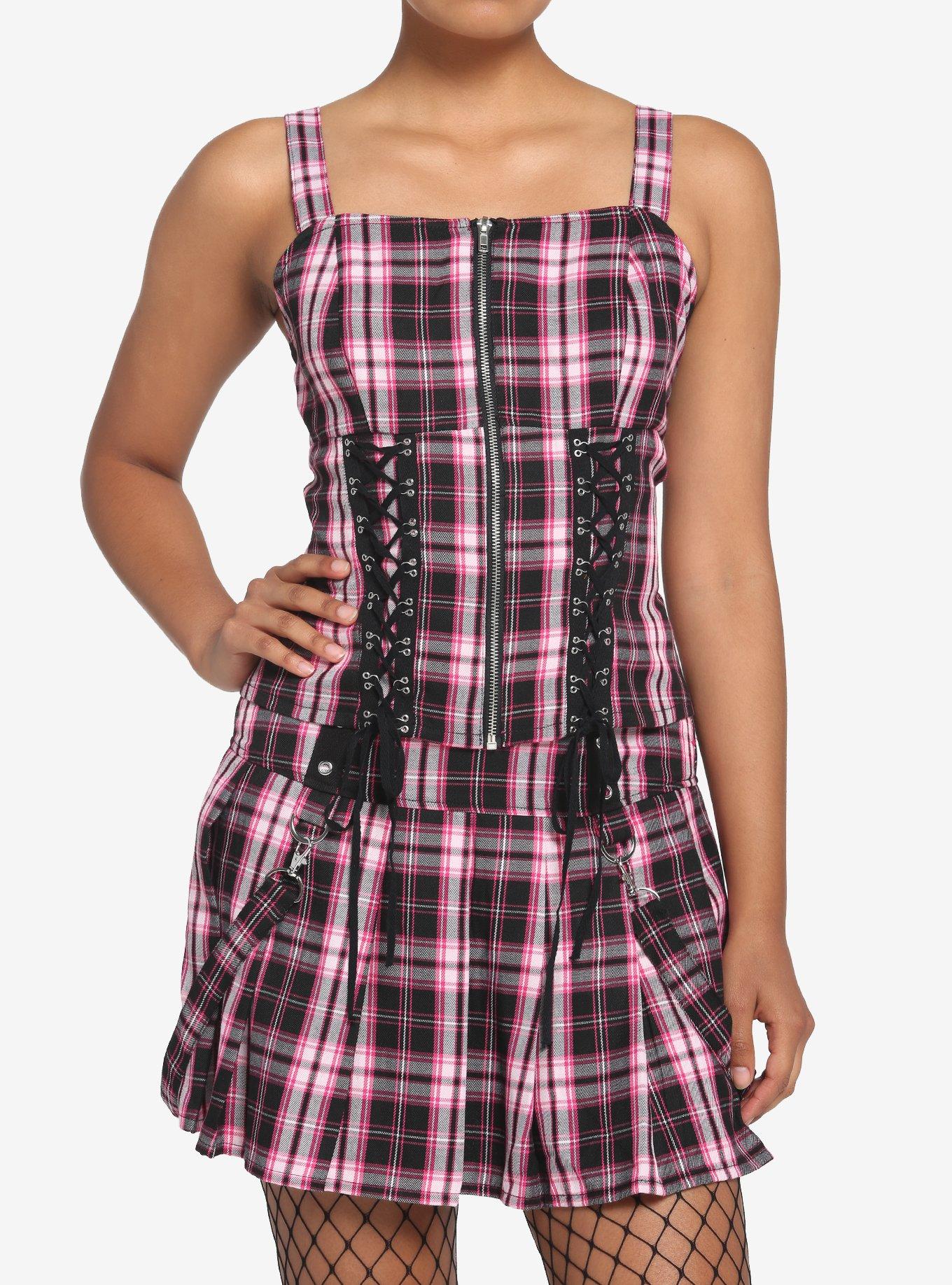 Black & Pink Plaid Lace-Up Corset Top, PLAID - PINK, hi-res