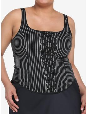 Black & White Pinstripe Lace-Up Corset Top Plus Size, , hi-res