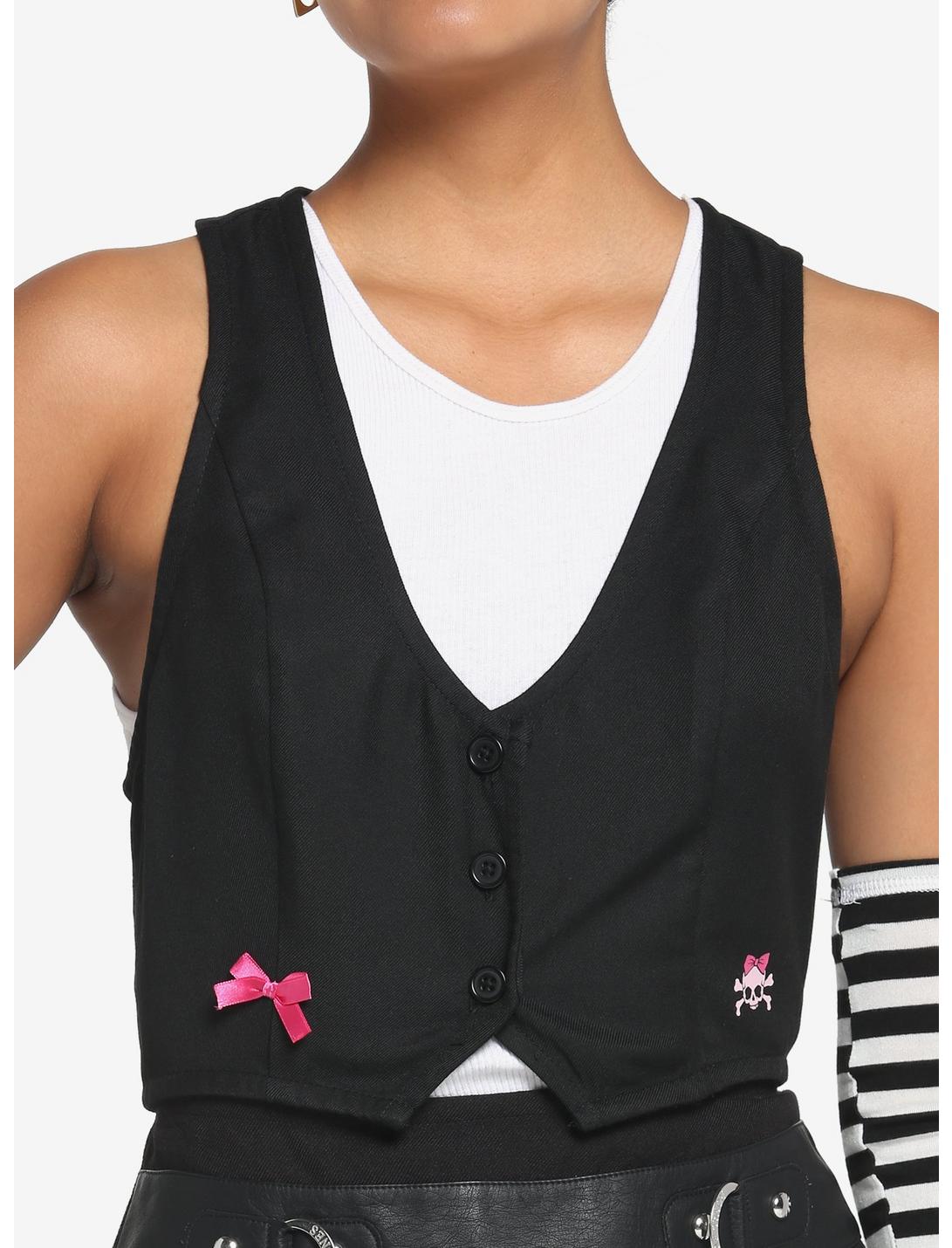 Black Skull Lace-Up Girls Crop Vest, BLACK, hi-res
