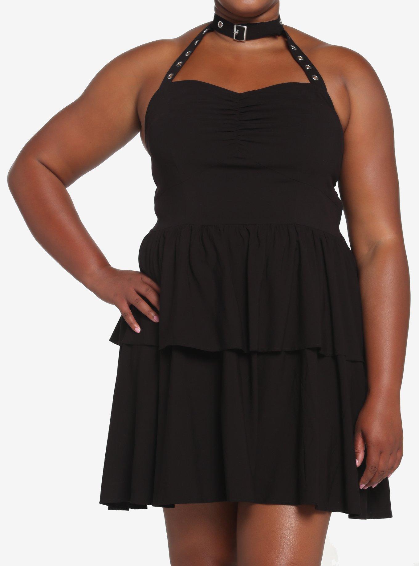 Black Grommet Choker Tiered Dress Plus Size, , hi-res