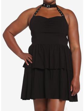 Black Grommet Choker Tiered Dress Plus Size, , hi-res