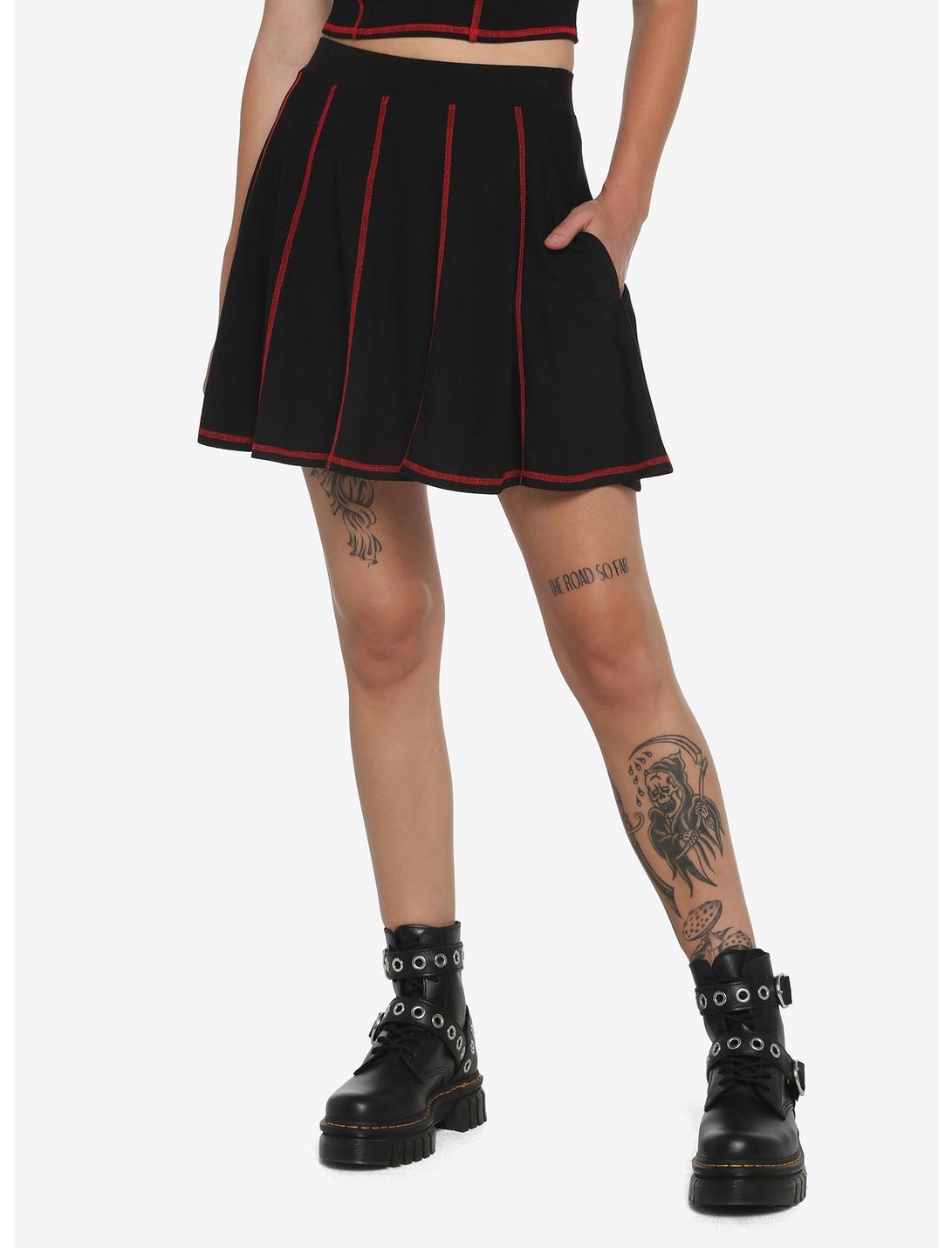 Black & Red Contrast Stitch Skirt, BLACK, hi-res