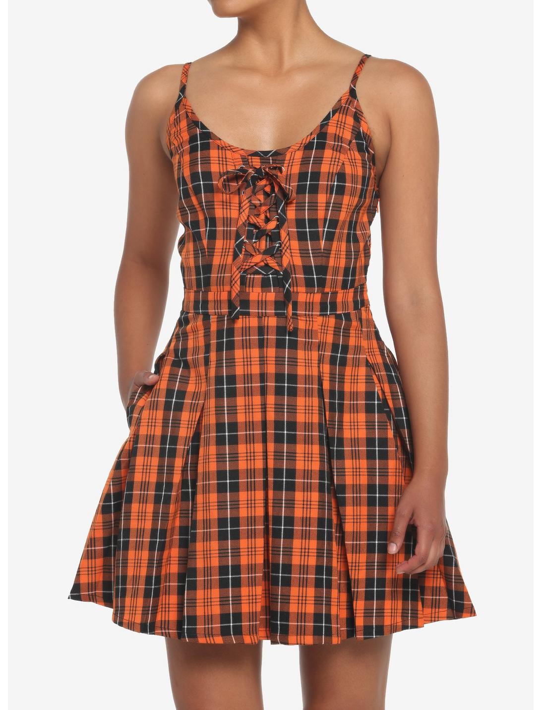 Black & Orange Plaid Pleated Lace-Up Dress, PLAID, hi-res