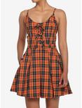 Black & Orange Plaid Pleated Lace-Up Dress, PLAID, hi-res