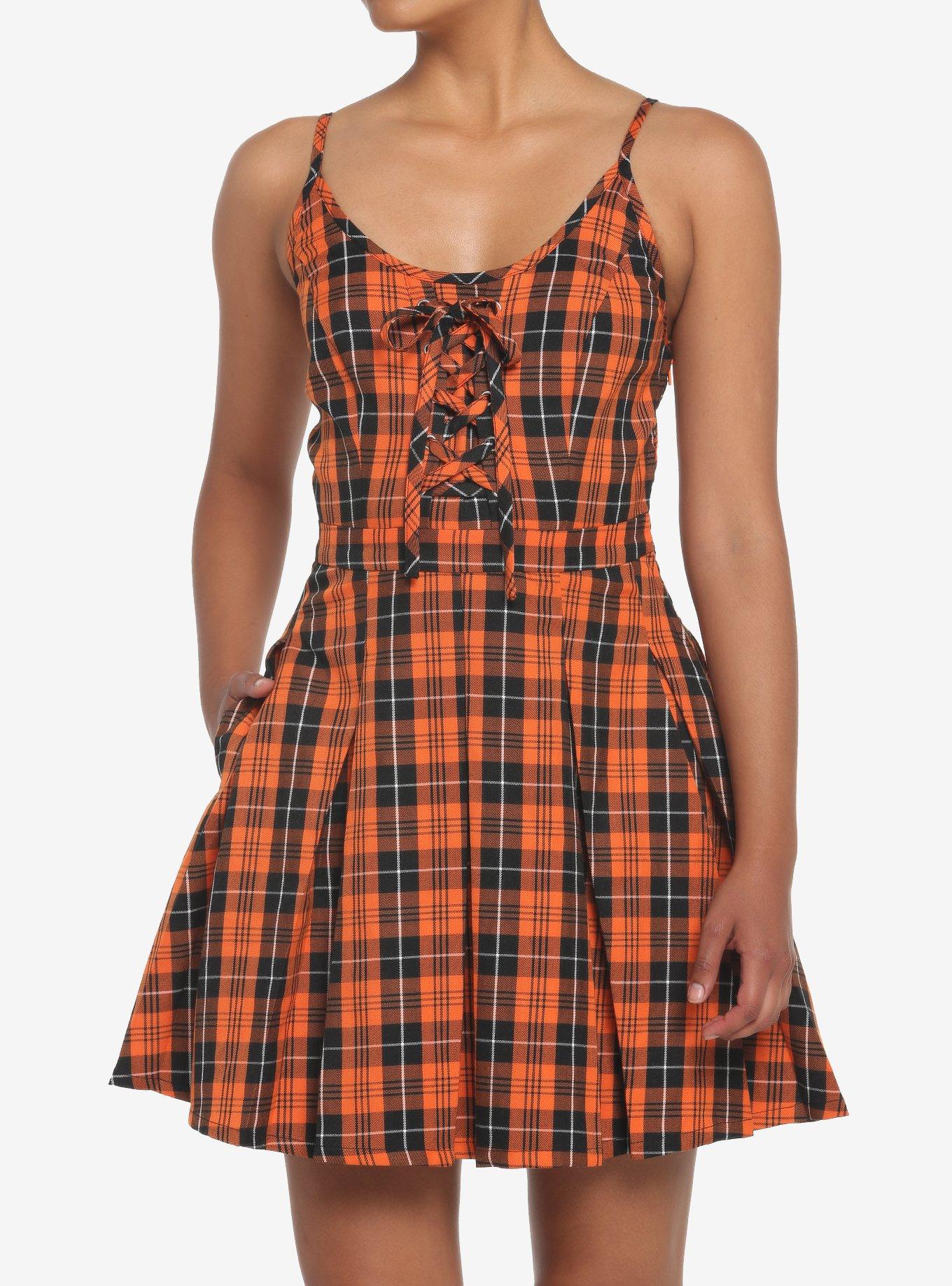 Black Orange Plaid Pleated Lace Up Dress