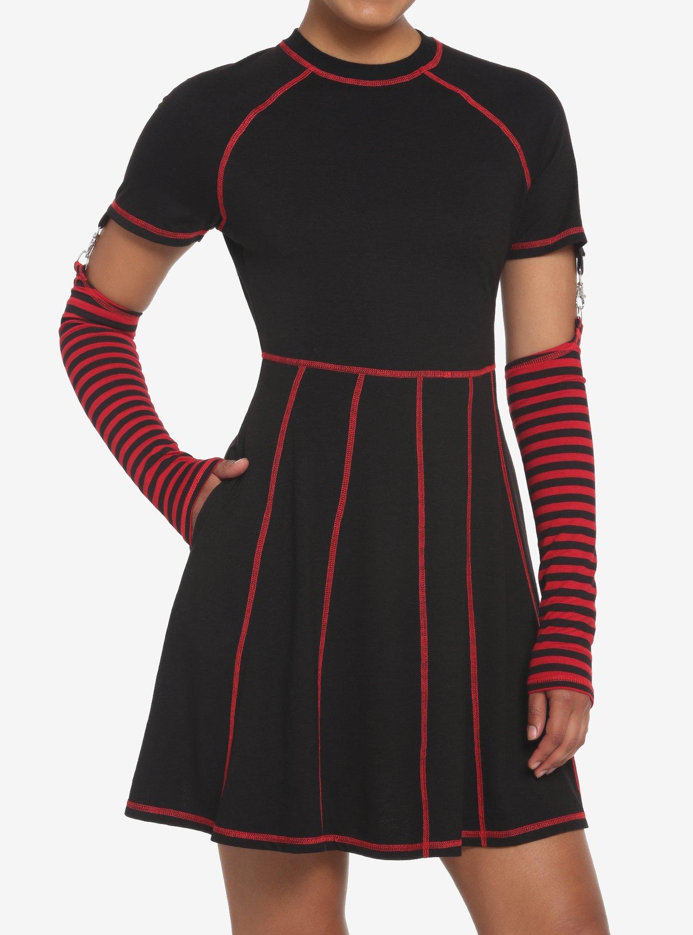 Black & Red Contrast Stitch Arm Warmer Dress, , hi-res