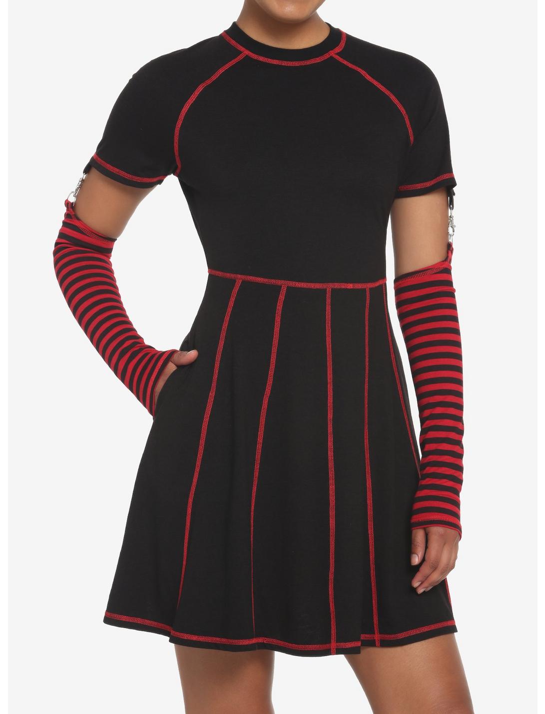 Black & Red Contrast Stitch Arm Warmer Dress, STRIPES - RED, hi-res