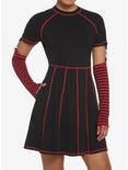 Black & Red Contrast Stitch Arm Warmer Dress, STRIPES - RED, hi-res