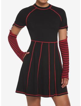 Black & Red Contrast Stitch Arm Warmer Dress, , hi-res