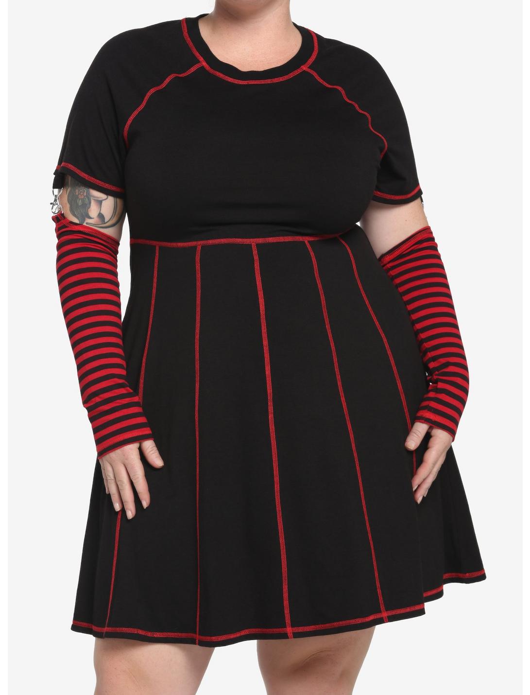 Black & Red Contrast Stitch Arm Warmer Dress Plus Size, STRIPES - RED, hi-res