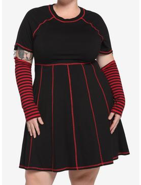 Black & Red Contrast Stitch Arm Warmer Dress Plus Size, , hi-res