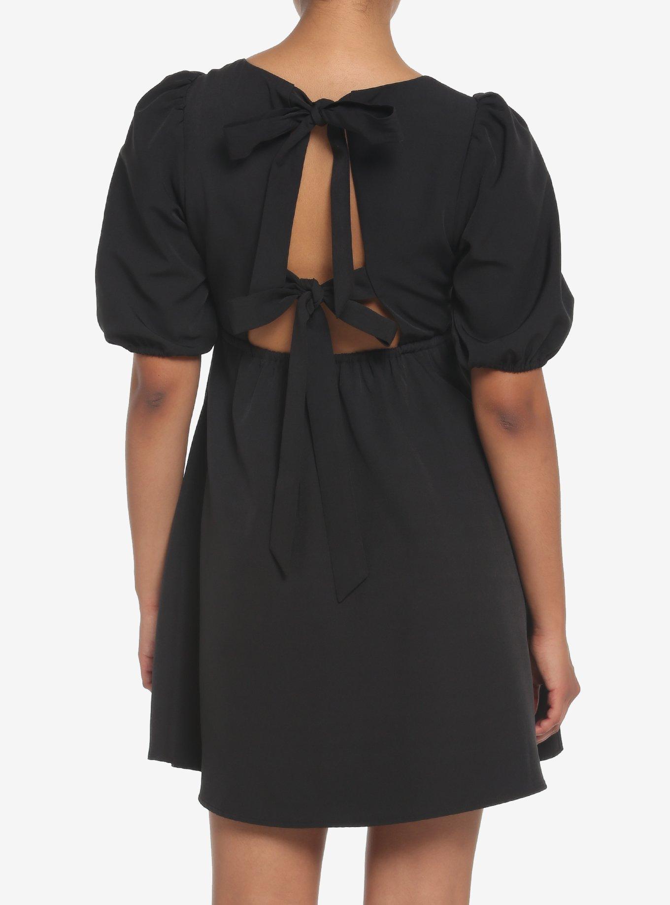 Black Back Tie Puff Sleeve Babydoll Dress, BLACK, hi-res
