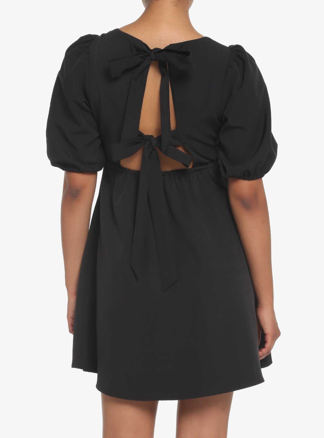 Black Back Tie Puff Sleeve Babydoll Dress, , hi-res