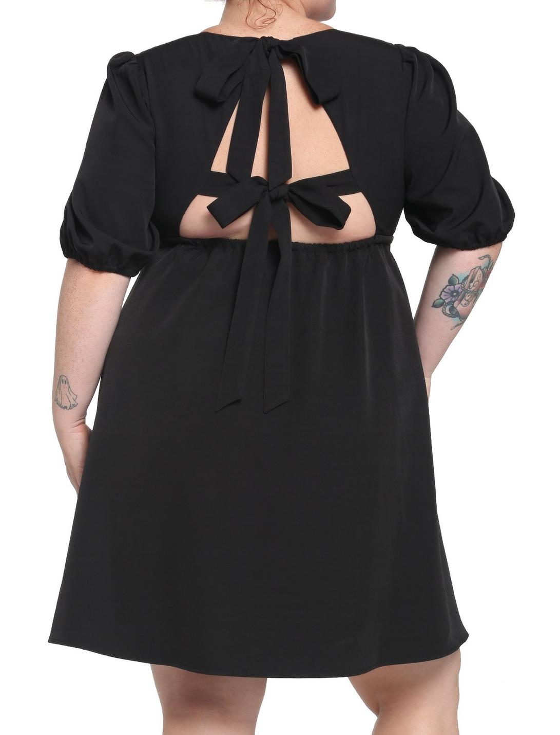 Black Back Tie Puff Sleeve Babydoll Dress Plus Size, BLACK, hi-res
