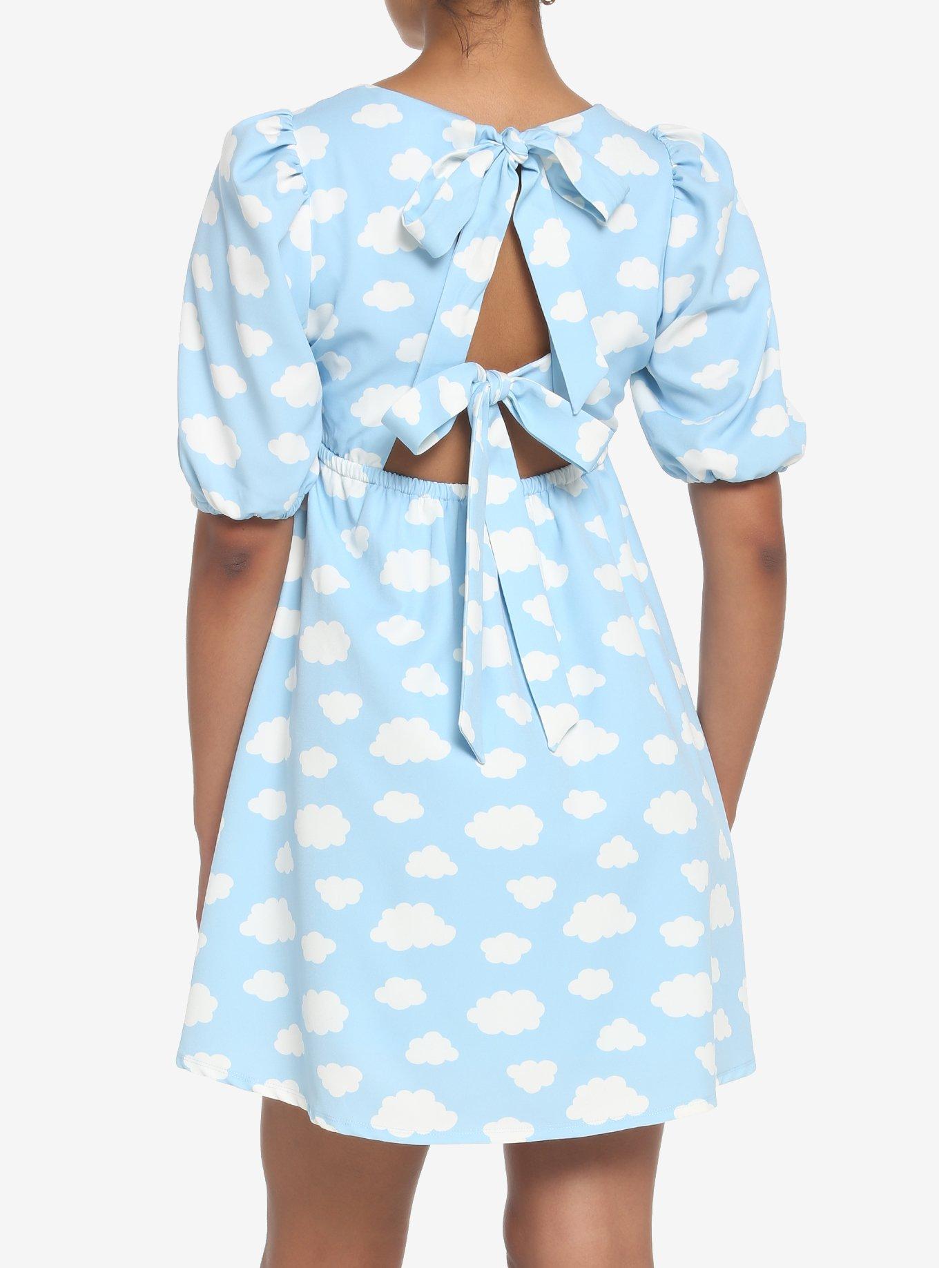 Pastel Blue Skies Cloud Back Tie Puff Sleeve Babydoll Dress, BLUE, hi-res