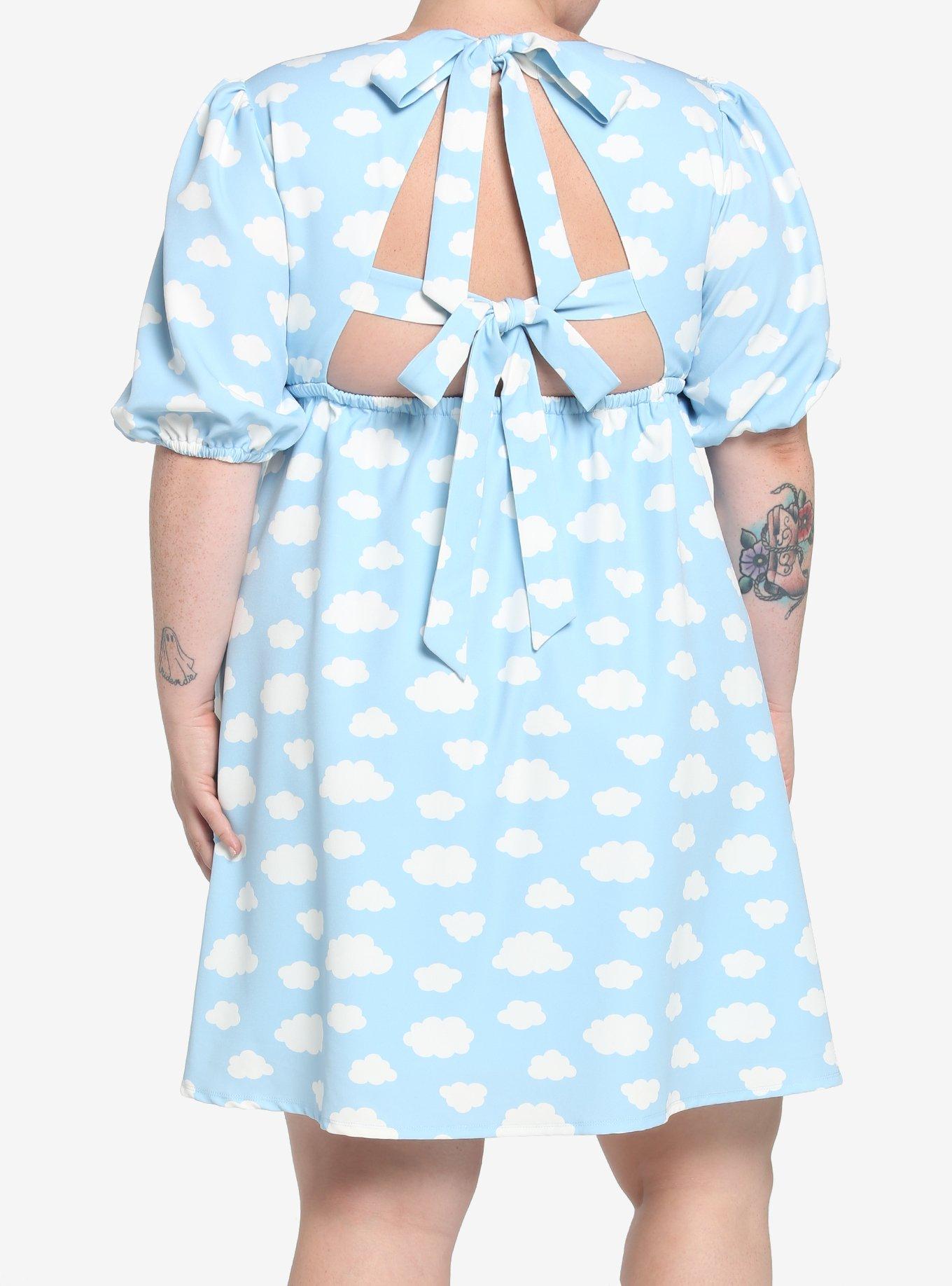 Pastel Blue Skies Cloud Back Tie Puff Sleeve Babydoll Dress Plus Size, BLUE, hi-res