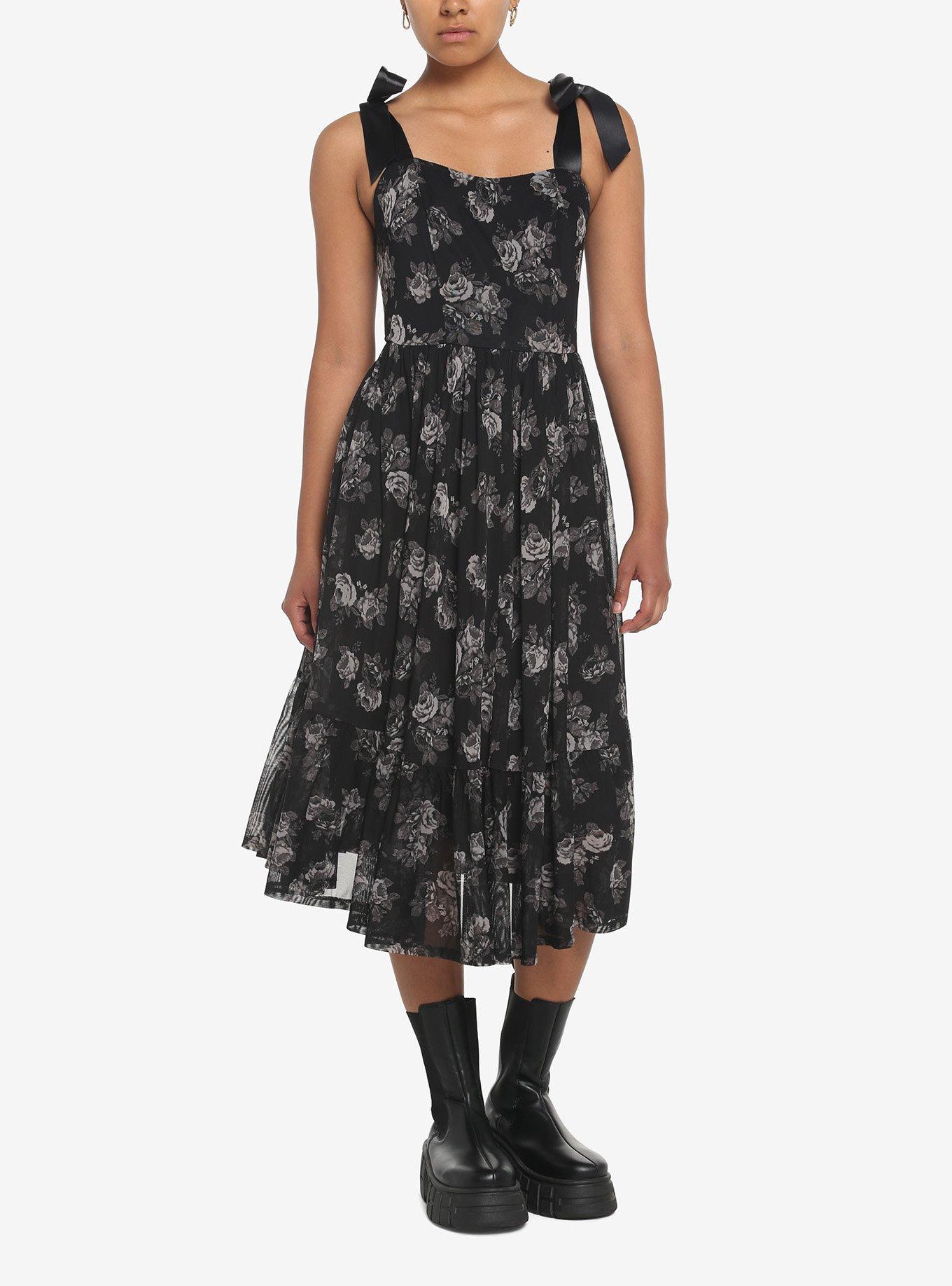 Black Floral Mesh Midi Dress, BLACK, hi-res