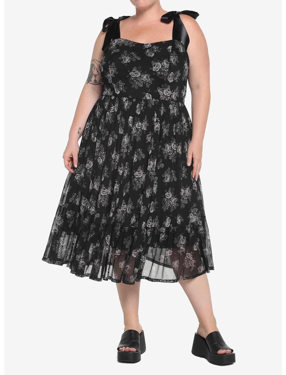 Black Floral Mesh Midi Dress Plus Size, BLACK, hi-res