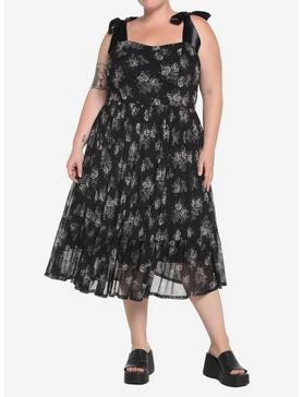 Black Floral Mesh Midi Dress Plus Size, , hi-res